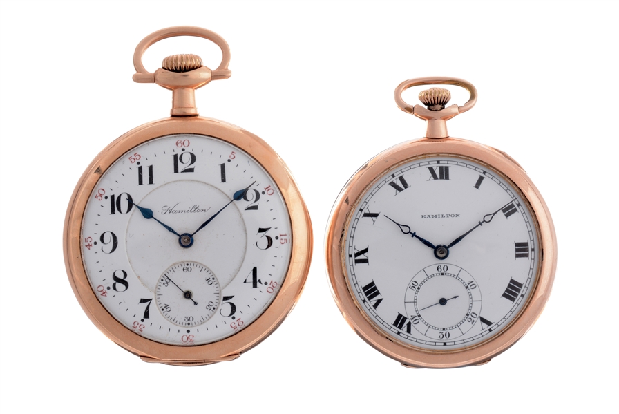 LOT OF 2: HAMILTON YELLOW GOLD FILLED POCKET WATCHES.