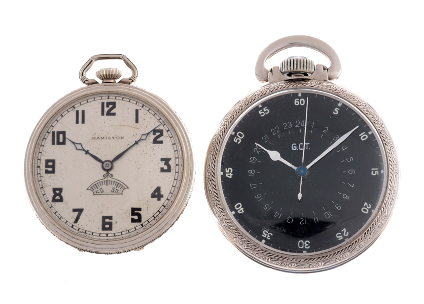 LOT OF 2: WHITE GOLD FILLED POCKET WATCHES.