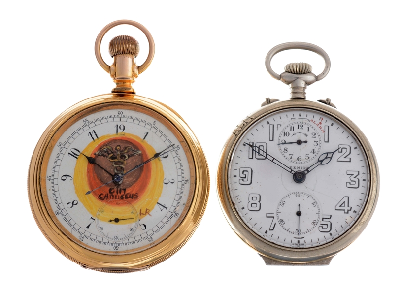 LOT OF 2: WALTHAM CHRONOMETER MODEL 84 WITH CUSTOM DIAL & ZENITH ALARM STAINLESS STEEL POCKET WATCH.