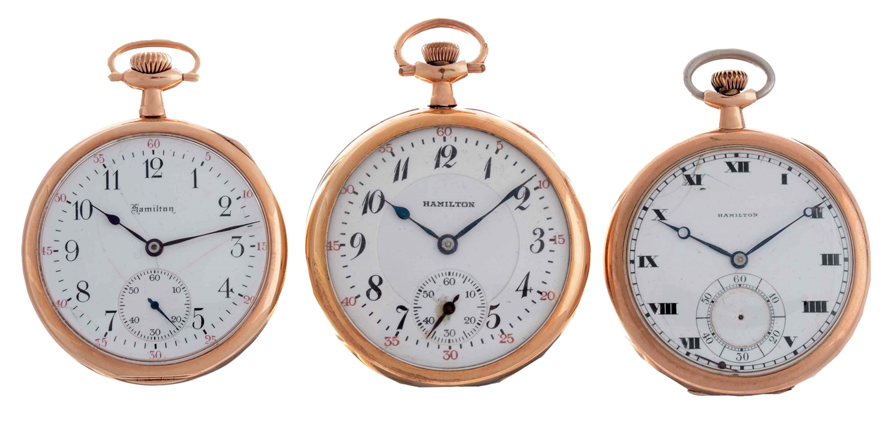 LOT OF 3: HAMILTON YELLOW GOLD FILLED POCKET WATCHES.