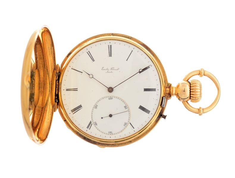 EMILE PERRET LOCLE 18K YELLOW GOLD POCKET WATCH.