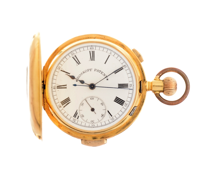 ROSKOPE 18K YELLOW GOLD CHRONOGRAPH MINUTE REPEATER DEMI HUNTERS CASED POCKET WATCH.