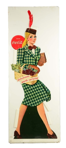 COCA-COLA "REFRESHMENT WORTH CARRYING GIRL" STAND UP ADVERTISING SIGN.