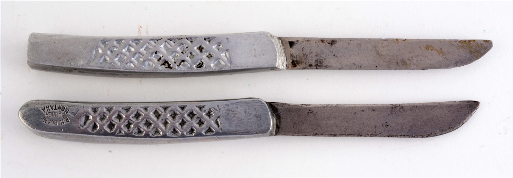 R.H. RUANA ALUMINUM PAIRING KNIVES WITH LETTER. 