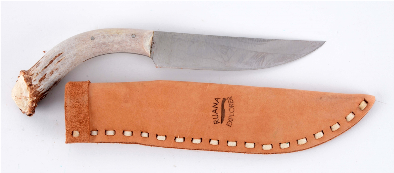 R.H. RUANA KNIFE WITH STAG HANDLE AND PAPERWORK.