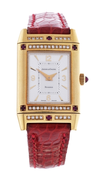 JAEGER LECOULTRE 18K YELLOW GOLD DIAMOND AND RUBY SET REVERSO LADIES REFERENCE 2651.1.86 CASE SERIAL 1827806