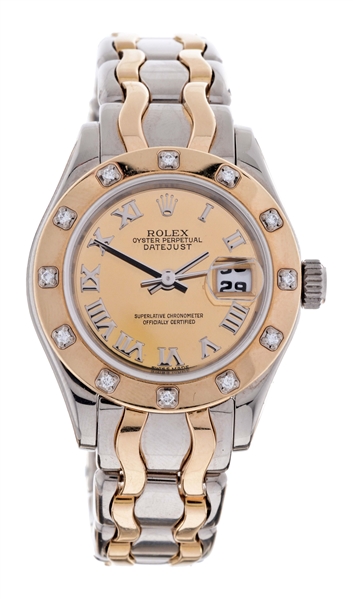 ROLEX 18K WHITE & YELLOW GOLD DATEJUST PEARLMASTER LADIES REFERENCE 693299 CASE SERIAL W070XXX