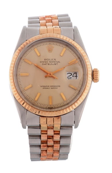 ROLEX STAINLESS STEEL AND 14K YELLOW GOLD DATEJUST UNI-SEX REFERENCE 1603 CASE SERIAL 5176XXX