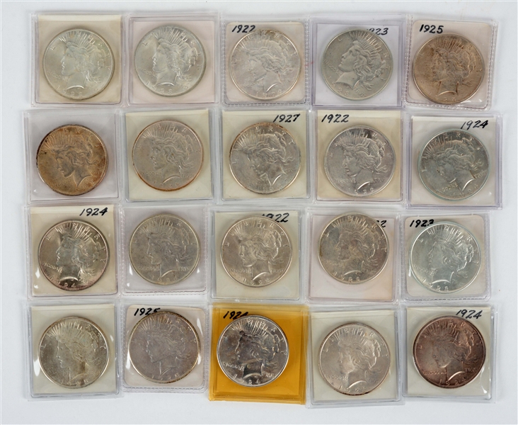 LOT OF 20: PEACE SILVER DOLLARS.