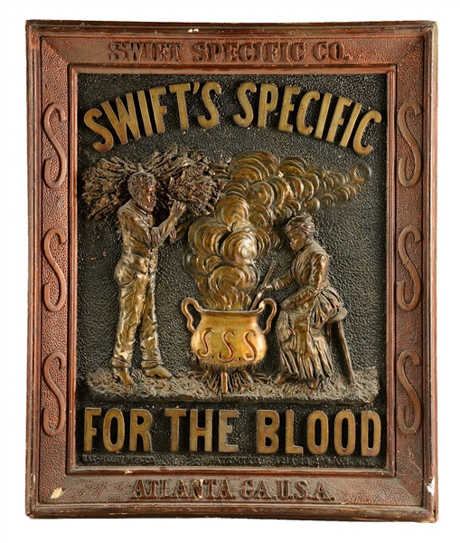 WOODEN SWIFT SPECIFIC CO. BAS-RELIEF ADVERTISEMENT.