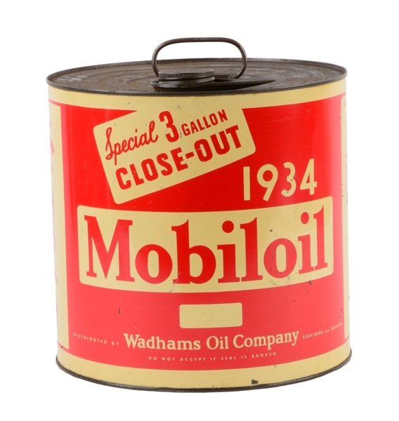 1934 MOBILOIL WADHAMS THREE GALLON CLOSE-OUT OIL CAN.