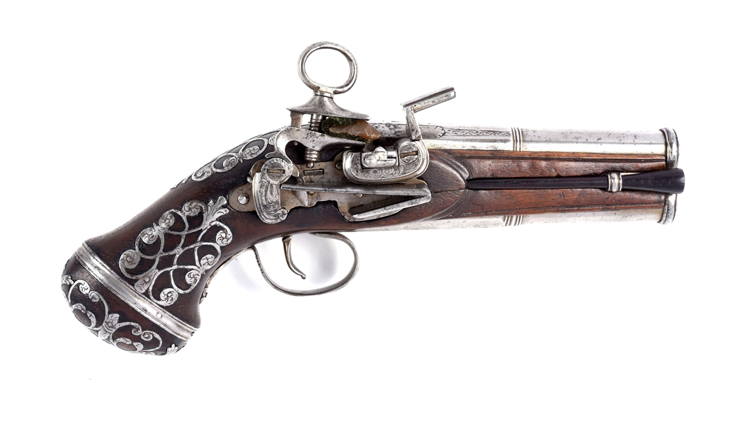 (A) SCARCE SPANISH DOUBLE BARREL SUPERPOSED RIPOLL MIQUELET PISTOL.