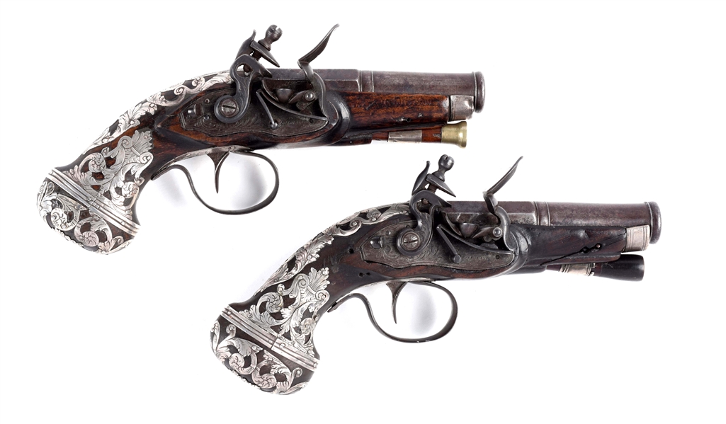 (A) FINE, AND VERY RARE PAIR OF SILVER MOUNTED ENGLISH FLINTLOCK PISTOLS IN THE SPANISH STYLE BY MACE.