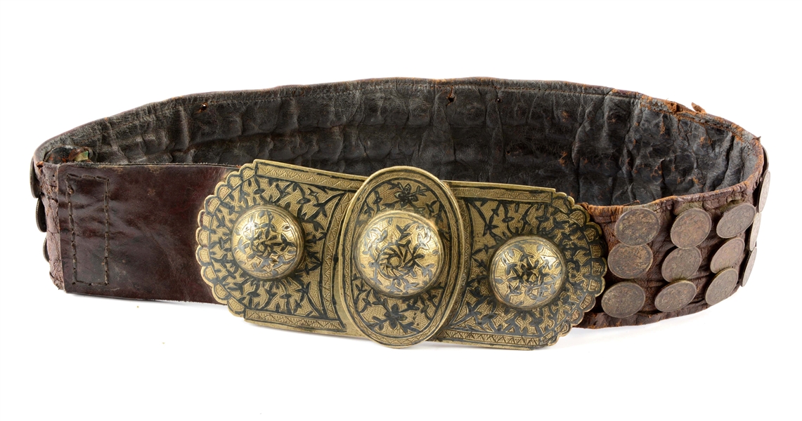 CAUCASIAN OR RUSSIAN SILVER & NIELLO BELT WITH 60 SILVER RUSSIAN COINS.