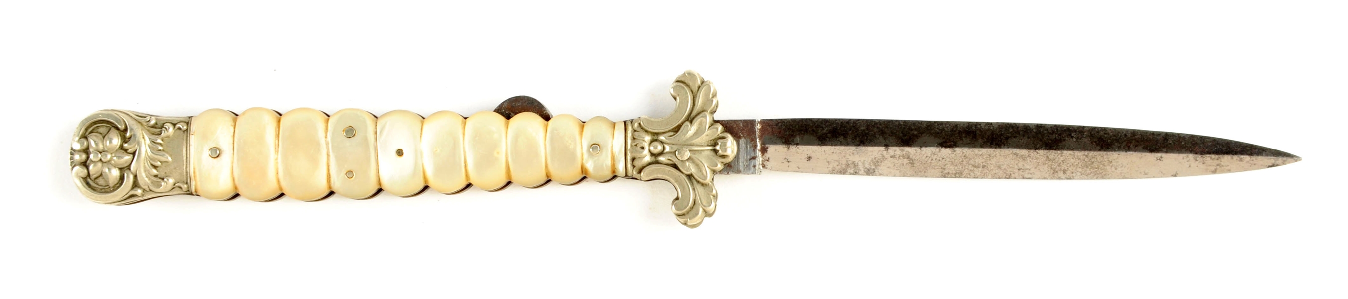 EARLY CARVED MOTHER-OF-PEARL FOLDING DIRK KNIFE, ATTRIBUTED TO JOHN BROWN & CO., SHEFFIELD.