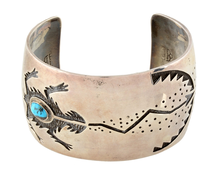 HOPI OVERLAY SILVER CUFF WITH TURQOISE CABOCHON.