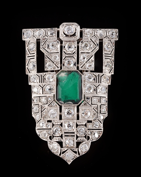 18K WHITE GOLD, DIAMOND & EMERALD COLORED DOUBLET BROOCH.