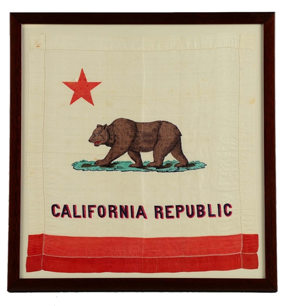 FRAMED SILK CALIFORNIA REPUBLIC BEAR FLAG HANDKERCHIEF.