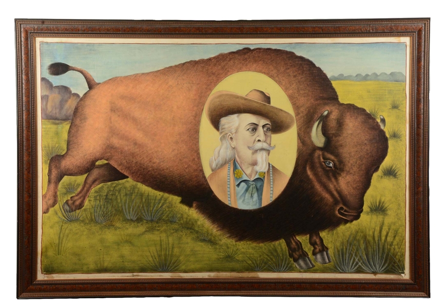 IMPORTANT LARGE BUFFALO BILL WILD WEST PAINTED BANNER ON LINEN.