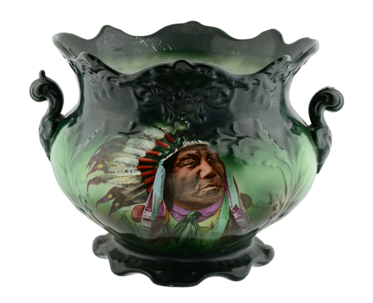NATIVE AMERICAN CHIEF AND BUFFALO PLANTER WITH PEDESTAL.
