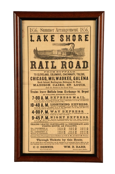 1856 LAKE SHORE RAILROAD SUMMER ARRANGEMENT ADVERTISMENT. 