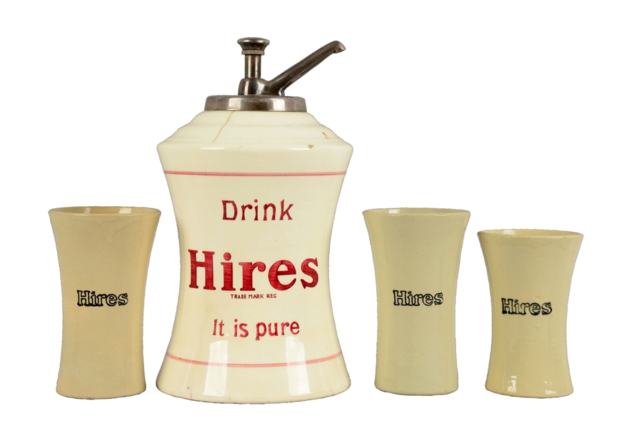 LOT OF 4: HIRES ROOT BEER SYRUP DISPENSER AND MUGS. 