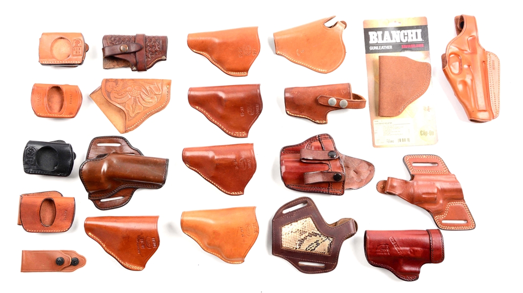 LOT OF 20: LEATHER PISTOL AND REVOLVER HOLSTERS.