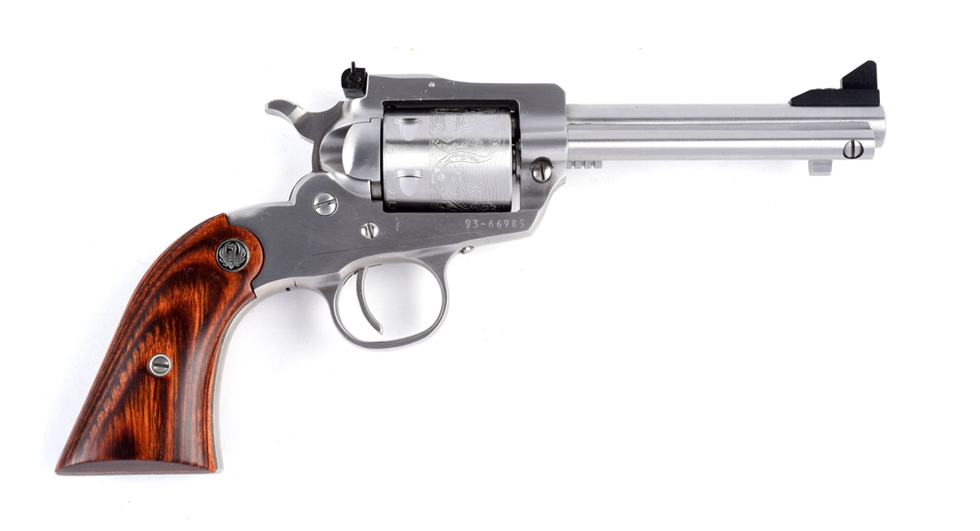 (M) CASED RUGER STAINLESS BEARCAT SINGLE ACTION REVOLVER.