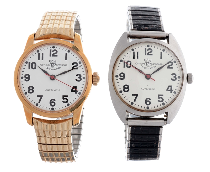 LOT OF 2: BALL OFFICIAL STANDARD TRAINMASTER AUTOMATIC WRIST WATCHES.