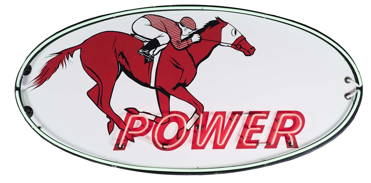 OVAL GIBBS POWER GASOLINE W/ JOCKEY & HORSE GRAPHIC PORCELAIN NEON SIGN. 