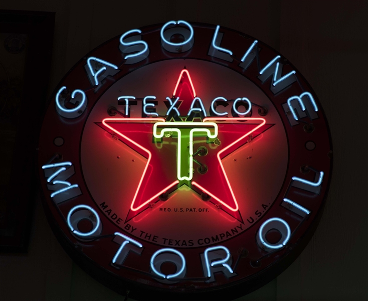 TEXACO GASOLINE & MOTOR OIL PORCELAIN SIGN W/ ADDED NEON. 