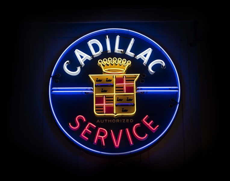 CADILLAC AUTHORIZED SERVICE PORCELAIN SIGN W/ CREST LOGO AND ADDED NEON.