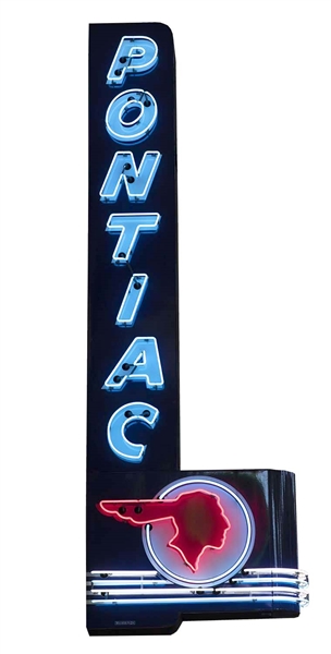 COMPLETE PONTIAC W/ FULL FEATHER PORCELAIN NEON SIGN.