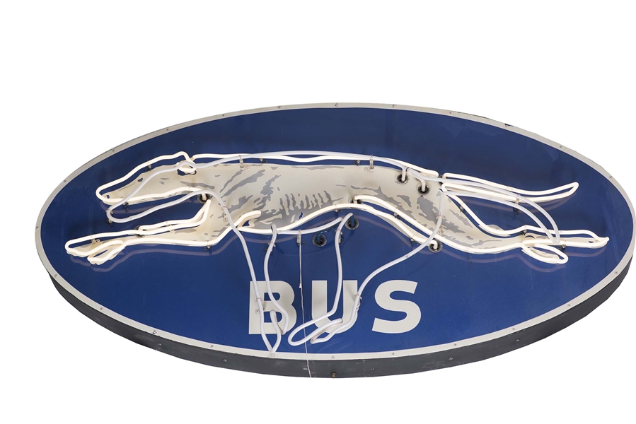 GREYHOUND BUS W/ DOG GRAPHIC OVAL NEON SIGN W/ MOTION LIGHTING.
