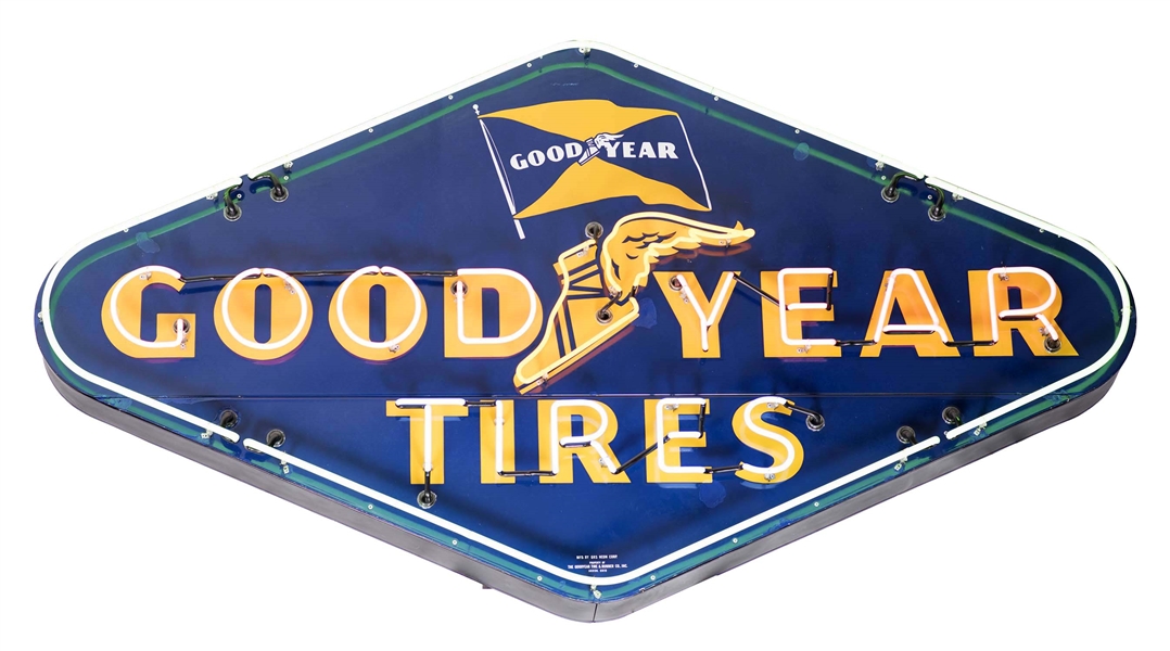 GOODYEAR TIRES TWO-PIECE PORCELAIN DIAMOND SHAPED NEON SIGN. 