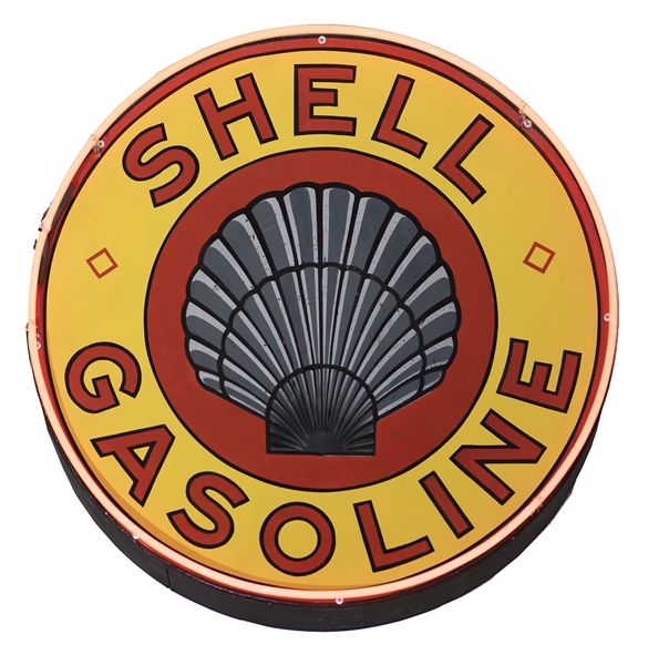 SHELL ROXANNE GASOLINE W/ CLAM SHELL GRAPHIC PORCELAIN SIGN W/ NEON BORDER.