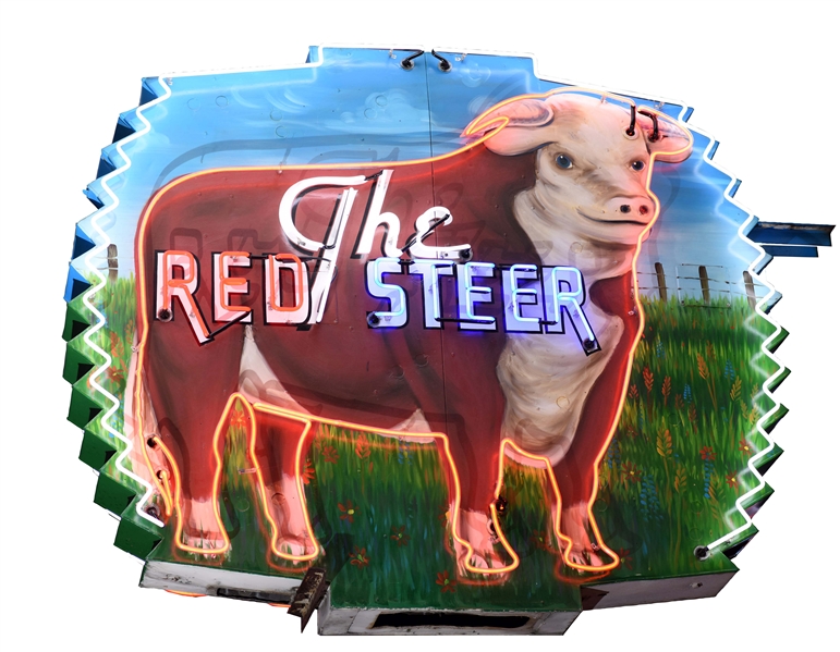 THE RED STEER TIN NEON SIGN W/ HEREFORD STEER GRAPHIC. 