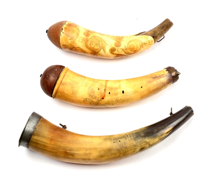 LOT OF 3:  DECORATED 19TH CENTURY POWDER HORNS.
