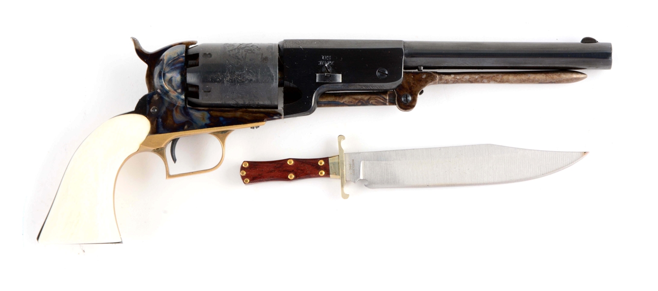 (A) MINIATURE COLT WALKER 1847 REVOLVER WITH CASED BOWIE KNIFE.