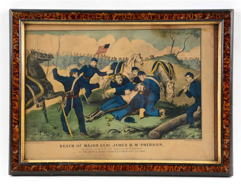 ORIGINAL HAND-COLORED ETCHING BY CURRIER & IVES: "THE DEATH OF MAJOR GENERAL JAMES B. MCPHERSON".