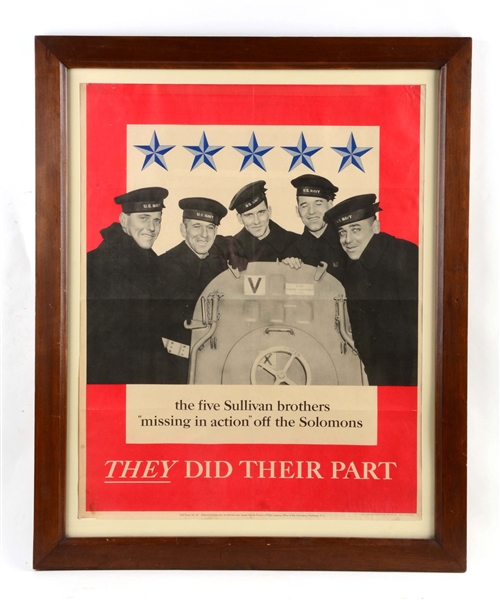 RARE FRAMED AMERICAN WWII "THEY DID THEIR PART" POSTER OF THE FIGHTING SULLIVAN BROTHERS.