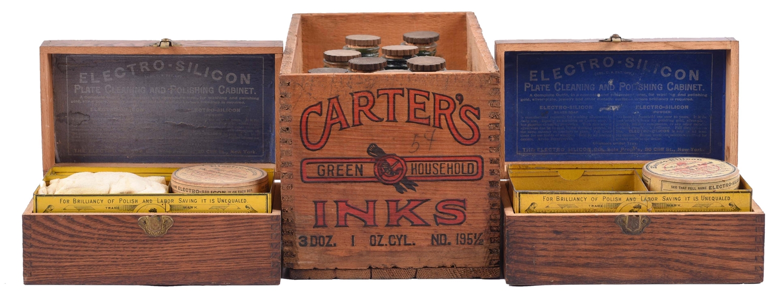 LOT OF 3: WOODEN BOXES OF INKS & POLISH.