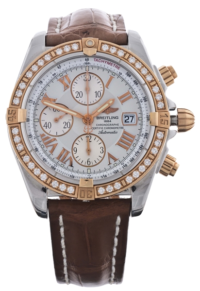 BREITLING TWO TONE ROSE GOLD AND STAINLESS STEEL EVOLUTION FACTORY SET DIAMOND BEZEL REFERENCE C13356 STRAP WATCH