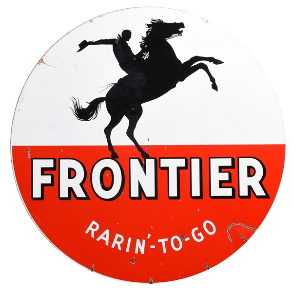 FRONTIER "RARIN-TO-GO" STATION IDENTIFICATION PORCELAIN SIGN W/ SILHOUETTE RIDER.