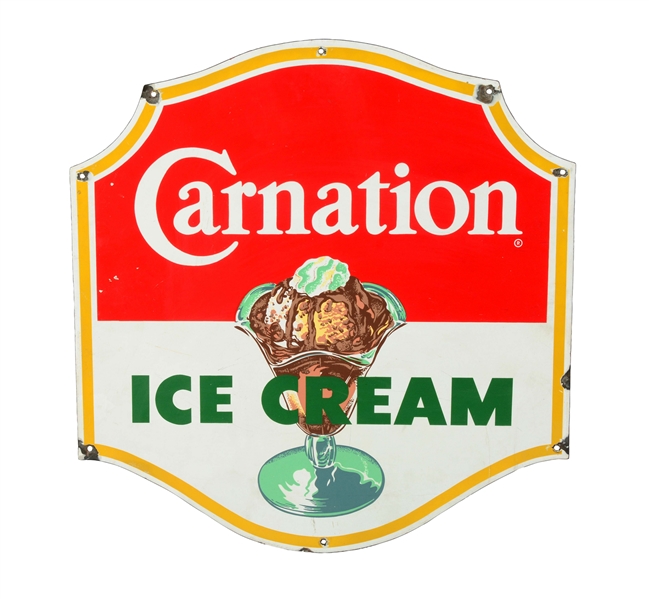 CARNATION ICE CREAM W/ SUNDAE GRAPHIC PORCELAIN SIGN.