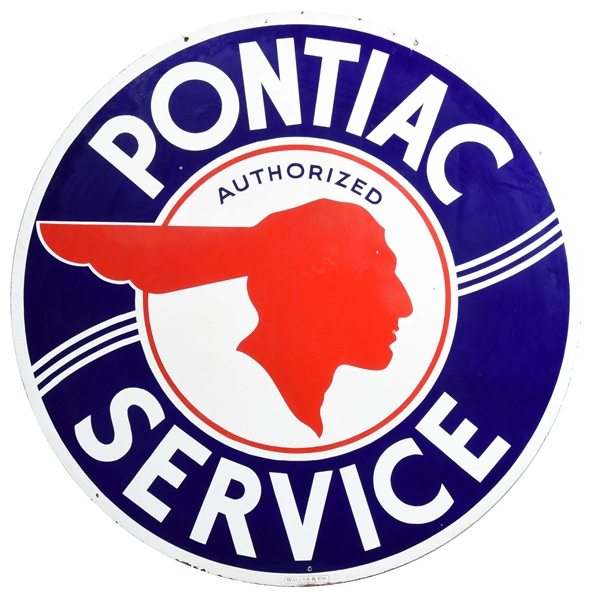 PONTIAC AUTHORIZED SERVICE W/ FULL FEATHERED INDIAN PORCELAIN SIGN.