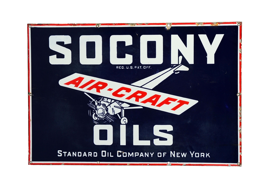 SOCONY AIRCRAFT OILS PORCELAIN SIGN W/ AIRPLANE GRAPHIC.