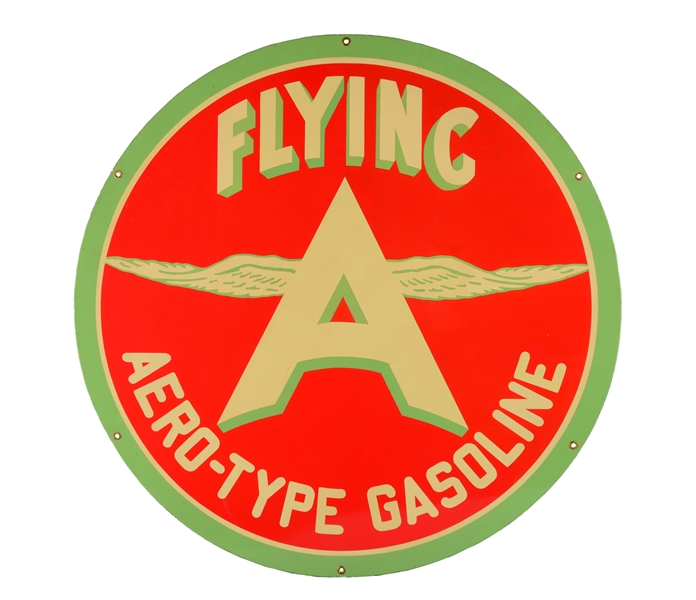 ASSOCIATED FLYING A AERO-TYPE GASOLINE PORCELAIN SIGN W/ CHICKEN WING GRAPHIC.