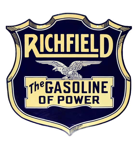 RICHFIELD "THE GASOLINE OF POWER" PORCELAIN SHIELD SIGN.