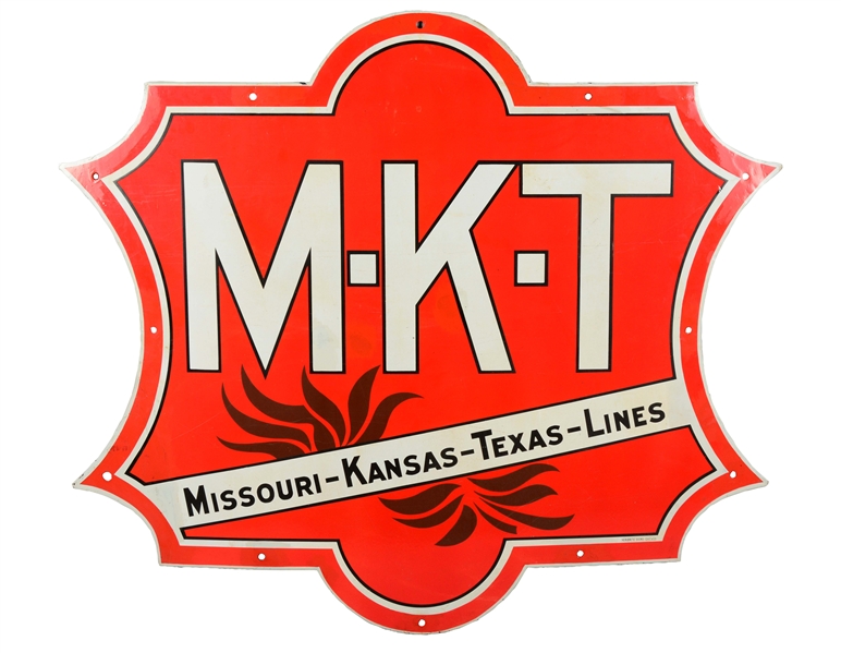 M-K-T MISSOURI-KANSAS-TEXAS LINES PORCELAIN SHIELD SHAPED SIGN.
